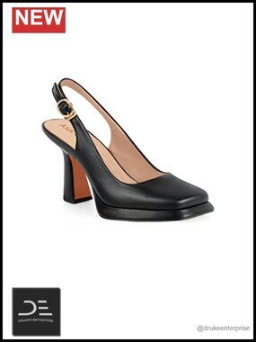Women's Platform Slingback High Heels Square Toe Pumps Chunky Heel Faux Leather